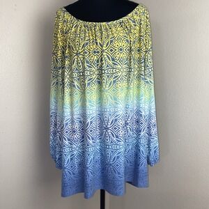 Ruby Rd. Blouse Women's 3X Blue & Yellow 3/4 Sleeve Geometric Tie Dye Boho Ombre